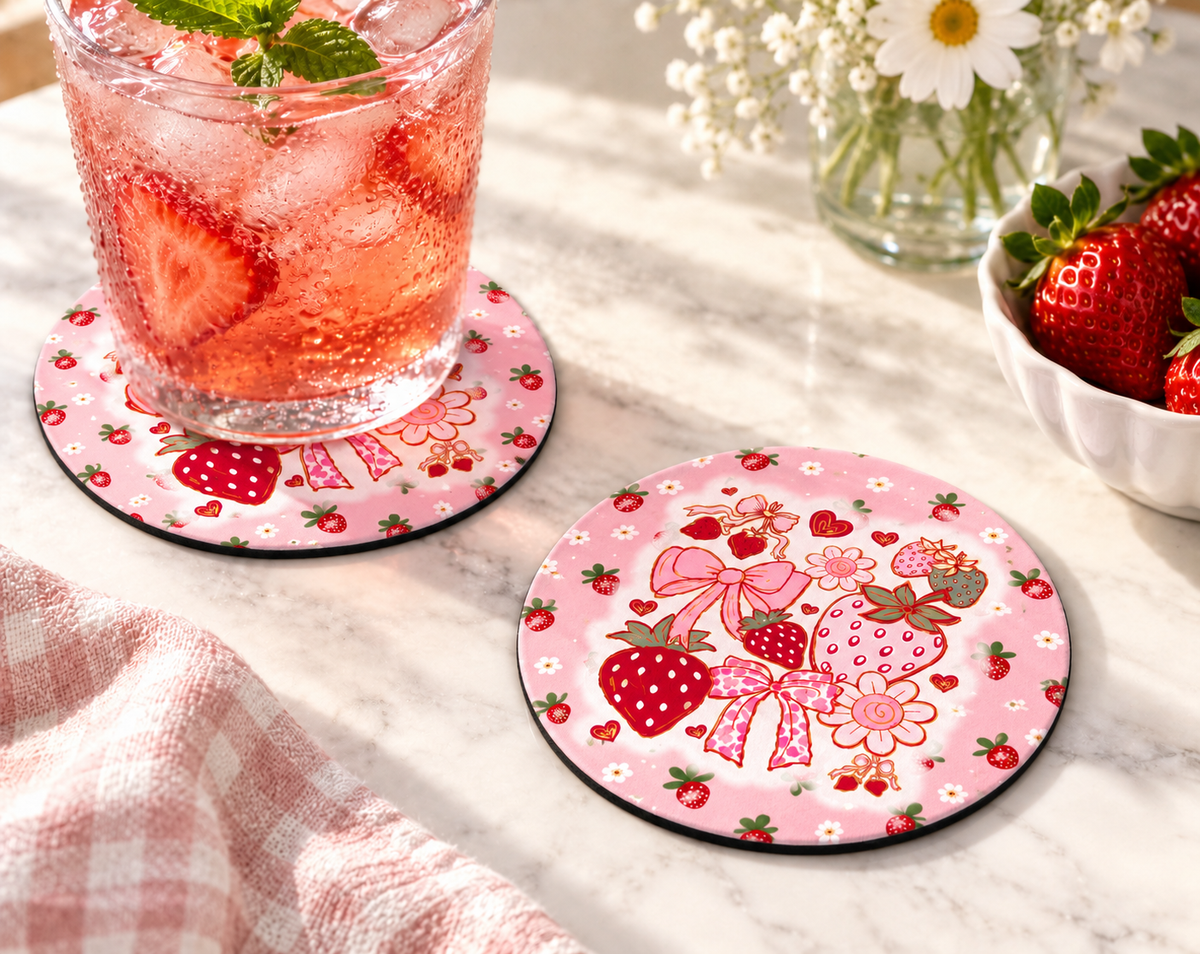 Strawberry Coquette Coaster – Pink Bow Cottagecore Drink Decor — Round set of 2
