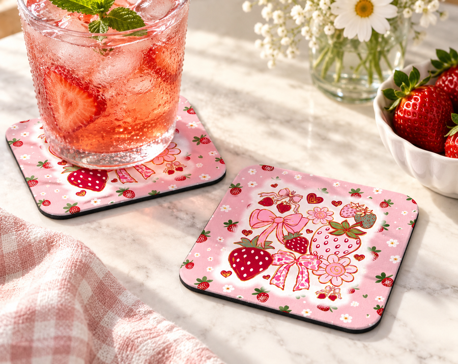 Strawberry Coquette Coaster – Pink Bow Cottagecore Drink Decor