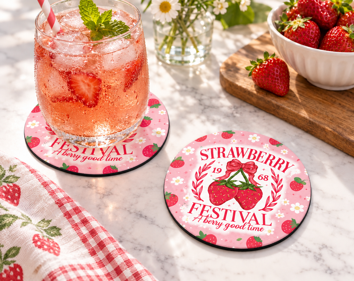 Strawberry Festival Coaster – Vintage Berry Cottagecore Decor — Round set of 2