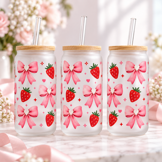 Pink Bows & Strawberries 16oz frosted glass can — three views of the same design; listing includes one cup