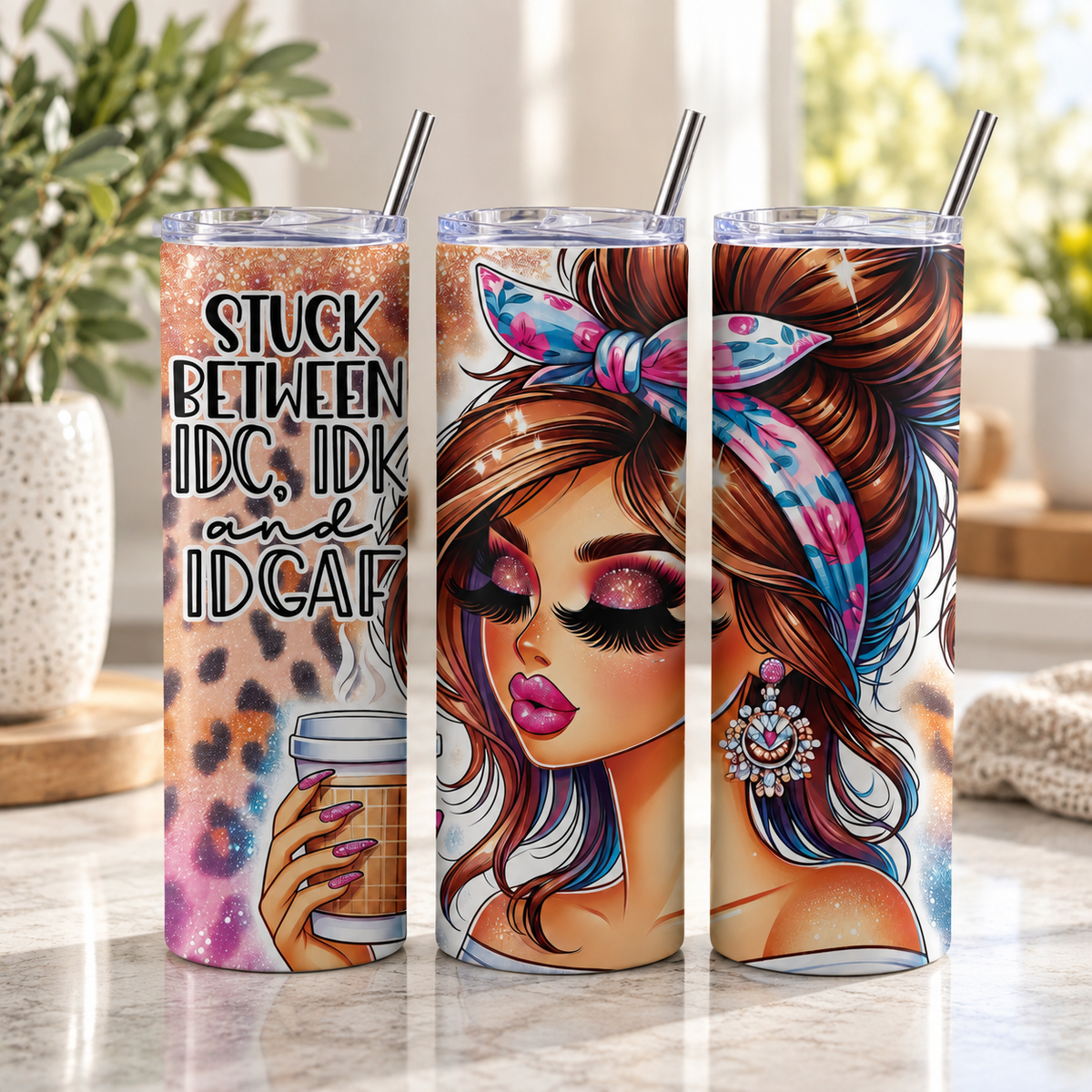 Stuck Between IDC, IDK & IDGAF 20oz Skinny Tumbler – three-tumbler realistic lifestyle mockup