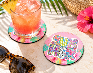 Summer Tropical Floral Coaster – Bright Pink Vacation Decor — Round set of 2