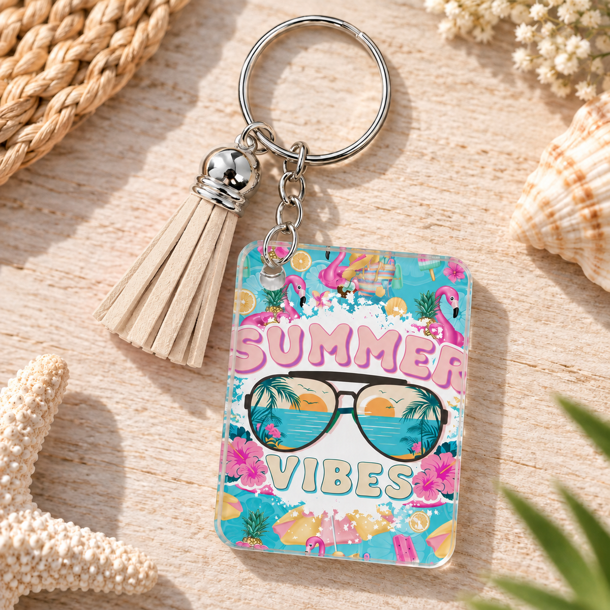 Summer Vibes keychain with beige tassel
