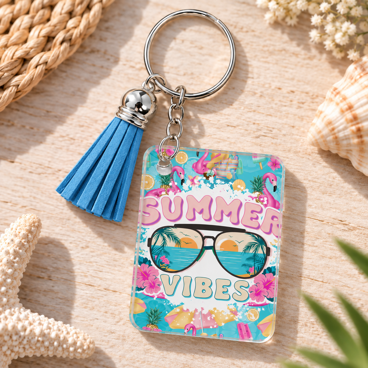 Summer Vibes keychain with blue tassel