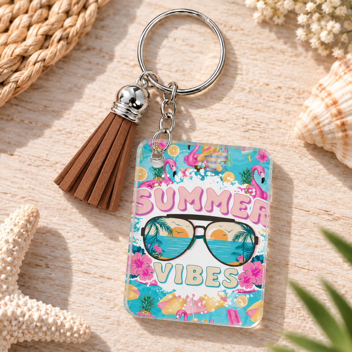 Summer Vibes keychain with brown tassel