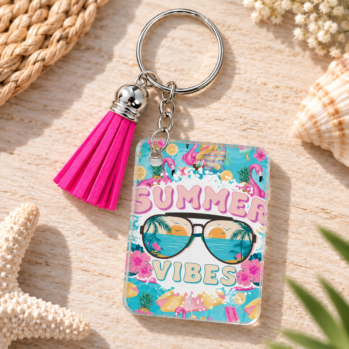 Summer Vibes keychain with hot pink tassel