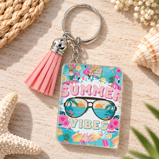 Summer Vibes keychain with pink tassel