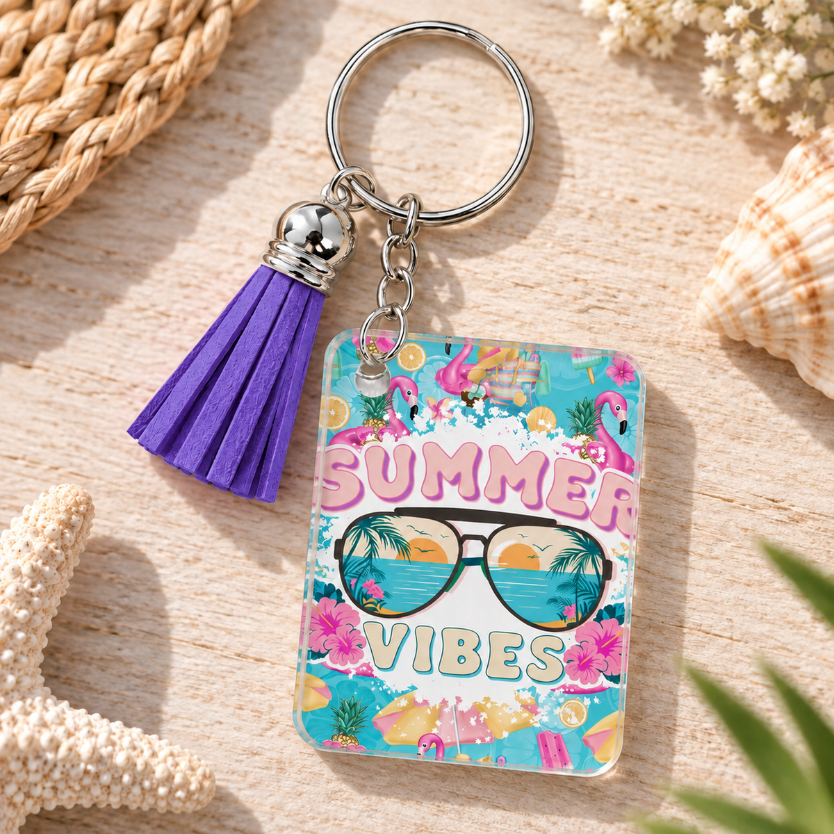 Summer Vibes keychain with purple tassel