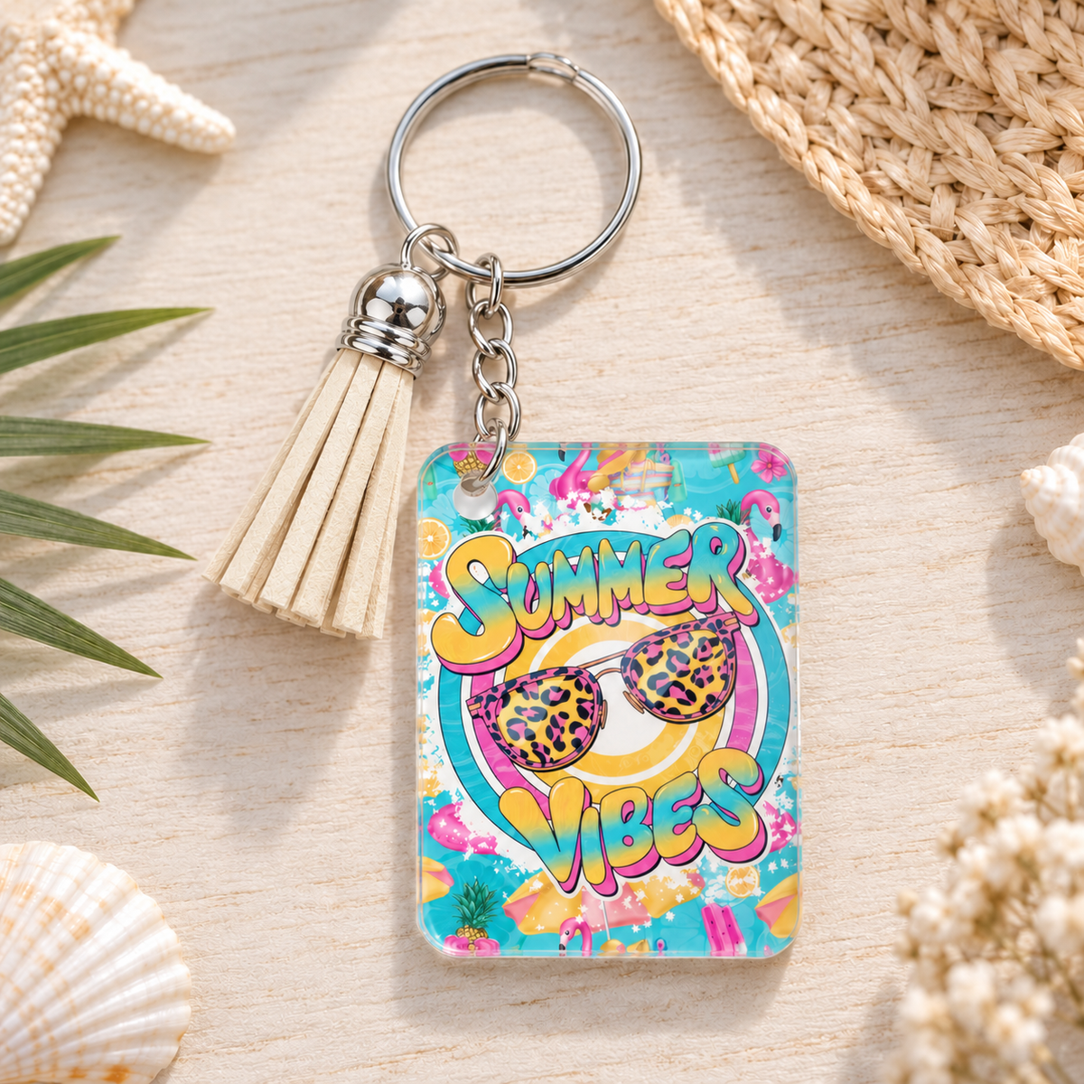 Summer Vibes Bright keychain with beige tassel