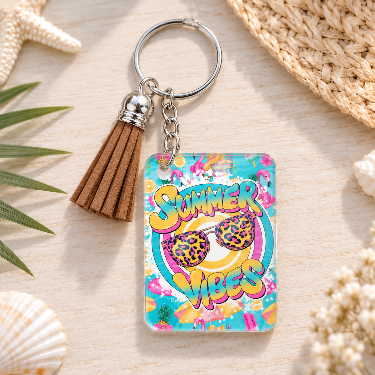 Summer Vibes Bright keychain with brown tassel