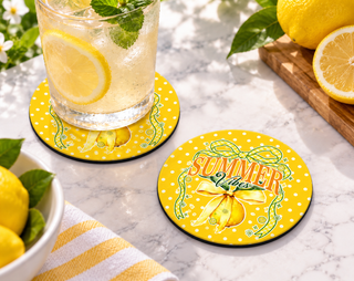 Summer Vibes Lemon Bow Coaster – Cute Citrus Drink Decor — Round set of 2