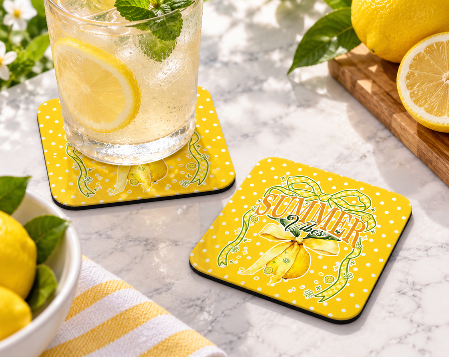Summer Vibes Lemon Bow Coaster – Cute Citrus Drink Decor