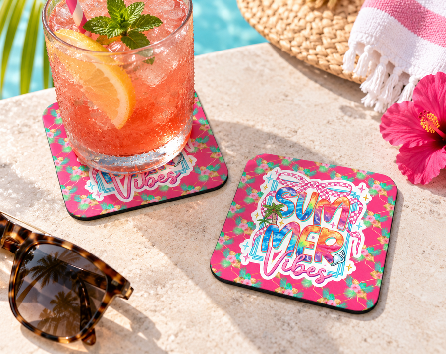 Summer Vibes Palm & Bow Coaster – Pink Tropical Beach Decor