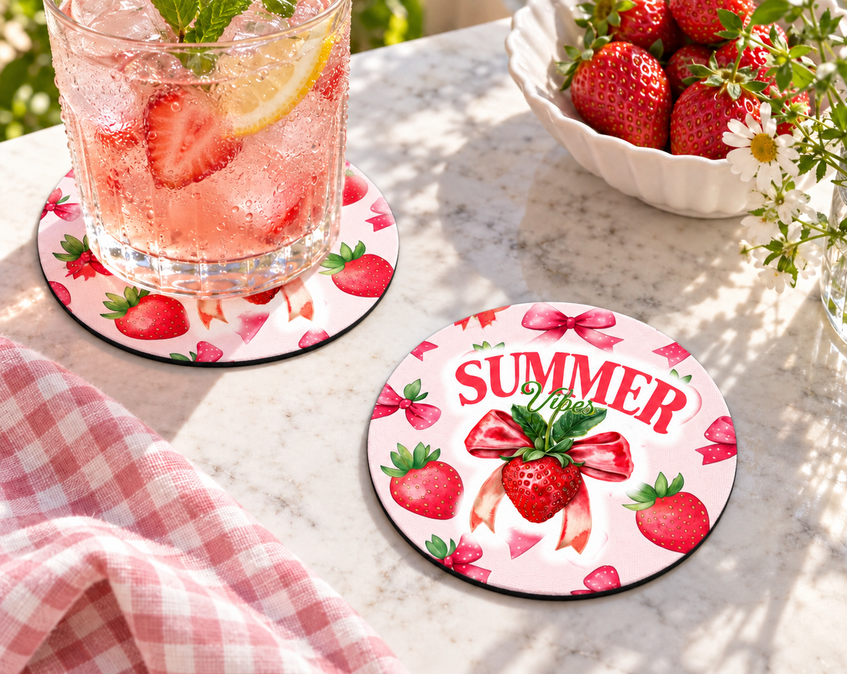 Summer Vibes Strawberry Bow Coaster – Pink Cottagecore Decor — Round set of 2