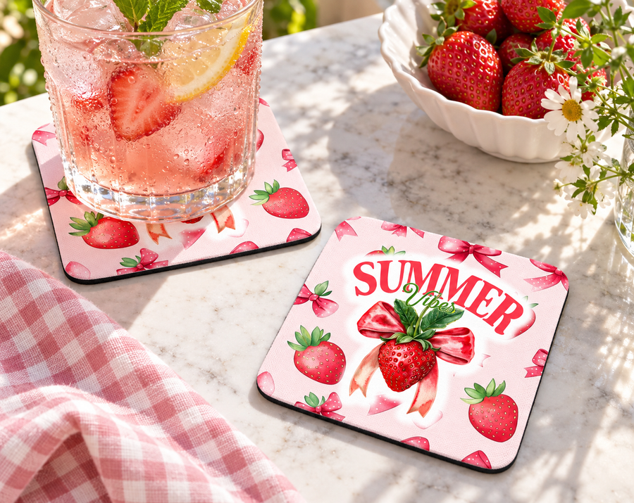 Summer Vibes Strawberry Bow Coaster – Pink Cottagecore Decor