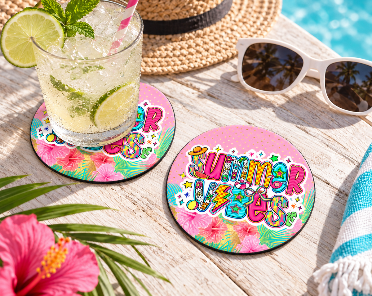 Summer Vibes Retro Tropical Coaster – Colorful Beach Decor — Round set of 2