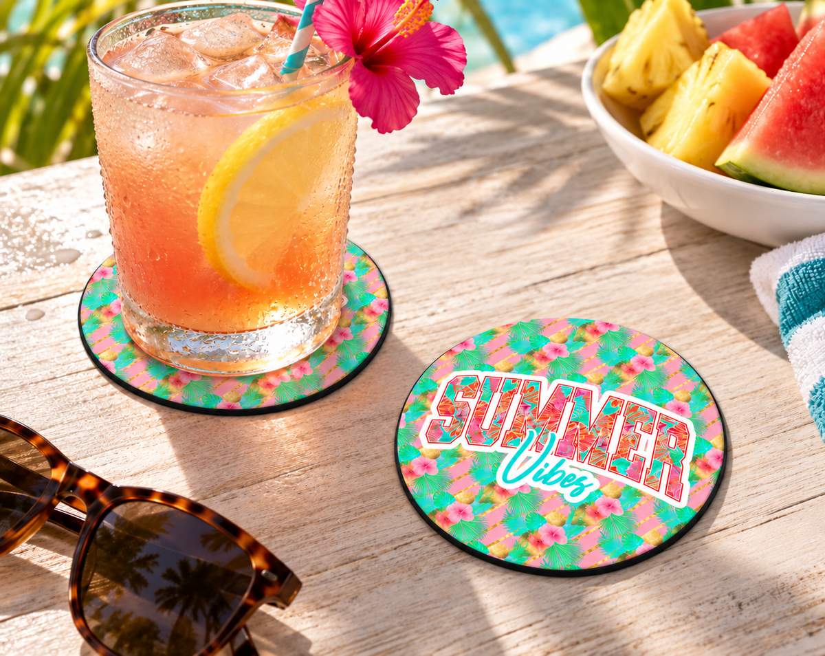 Summer Vibes Hibiscus Coaster – Tropical Floral Beach Decor — Round set of 2
