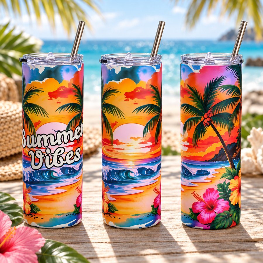 Summer Vibes Tropical Sunset 20oz Skinny Tumbler
