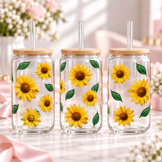 Sunflower Glass Can with Bamboo Lid & Glass Straw — clear; complementary views of one product