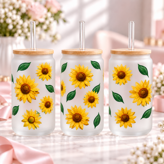 Sunflower Glass Can with Bamboo Lid & Glass Straw — frosted; complementary views of one product