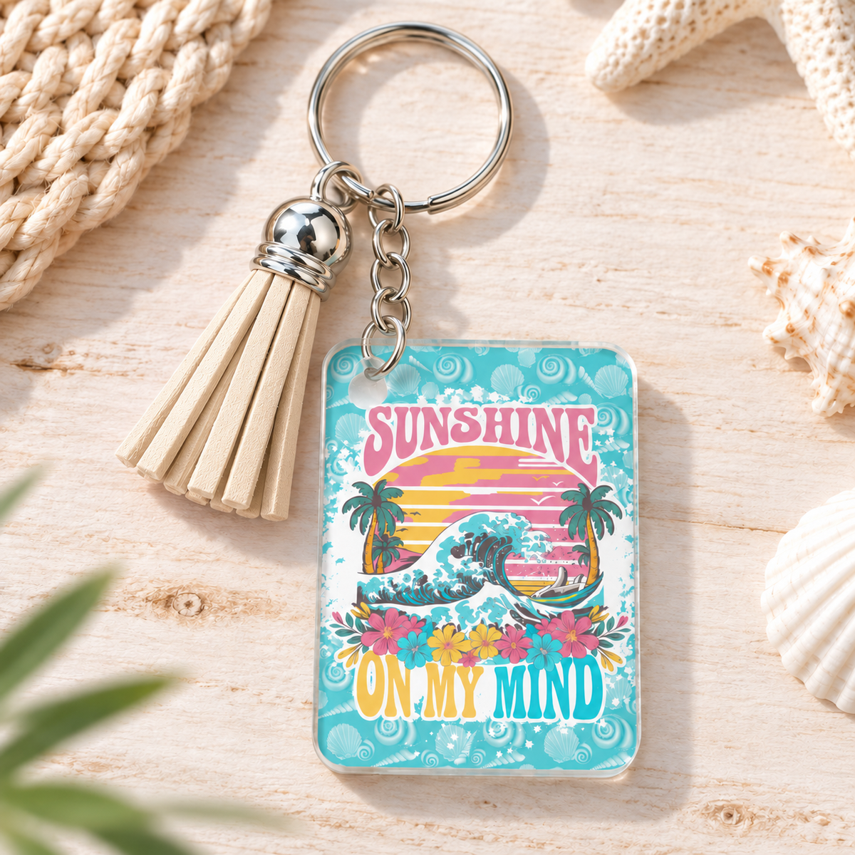 Sunshine on My Mind keychain with beige tassel