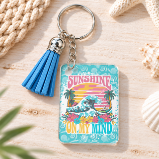 Sunshine on My Mind keychain with blue tassel