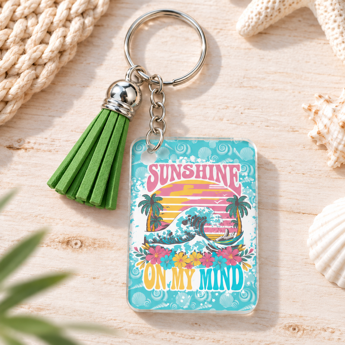 Sunshine on My Mind keychain with green tassel