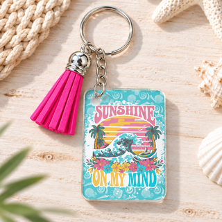 Sunshine on My Mind keychain with hot pink tassel