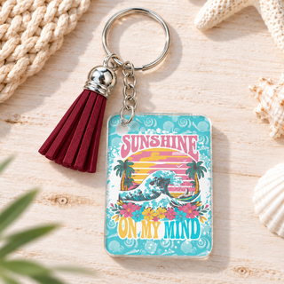 Sunshine on My Mind keychain with maroon tassel