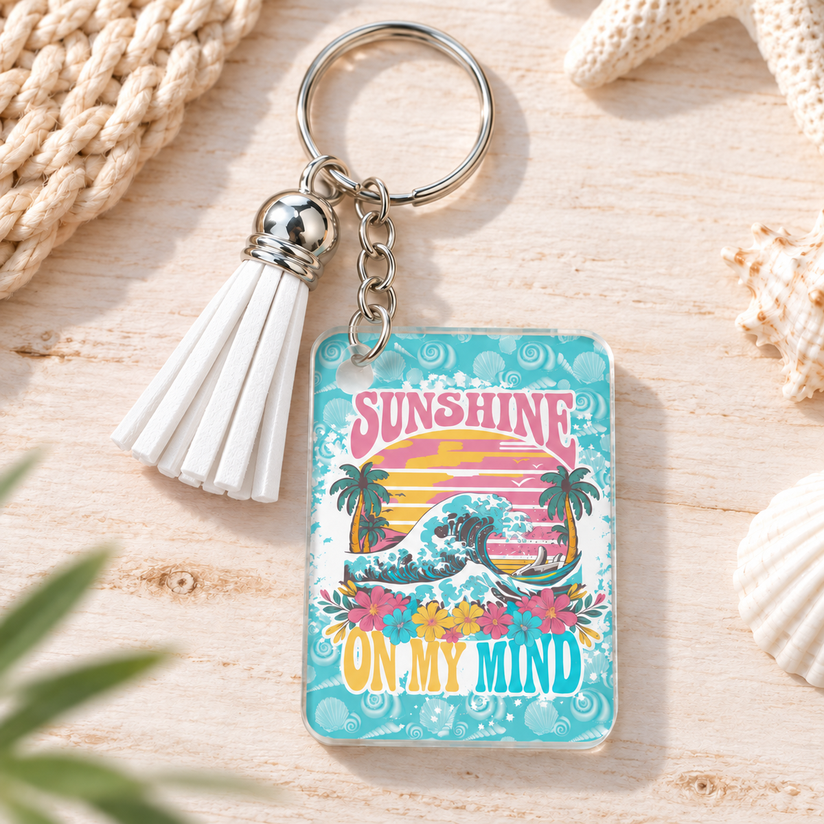 Sunshine on My Mind keychain with white tassel