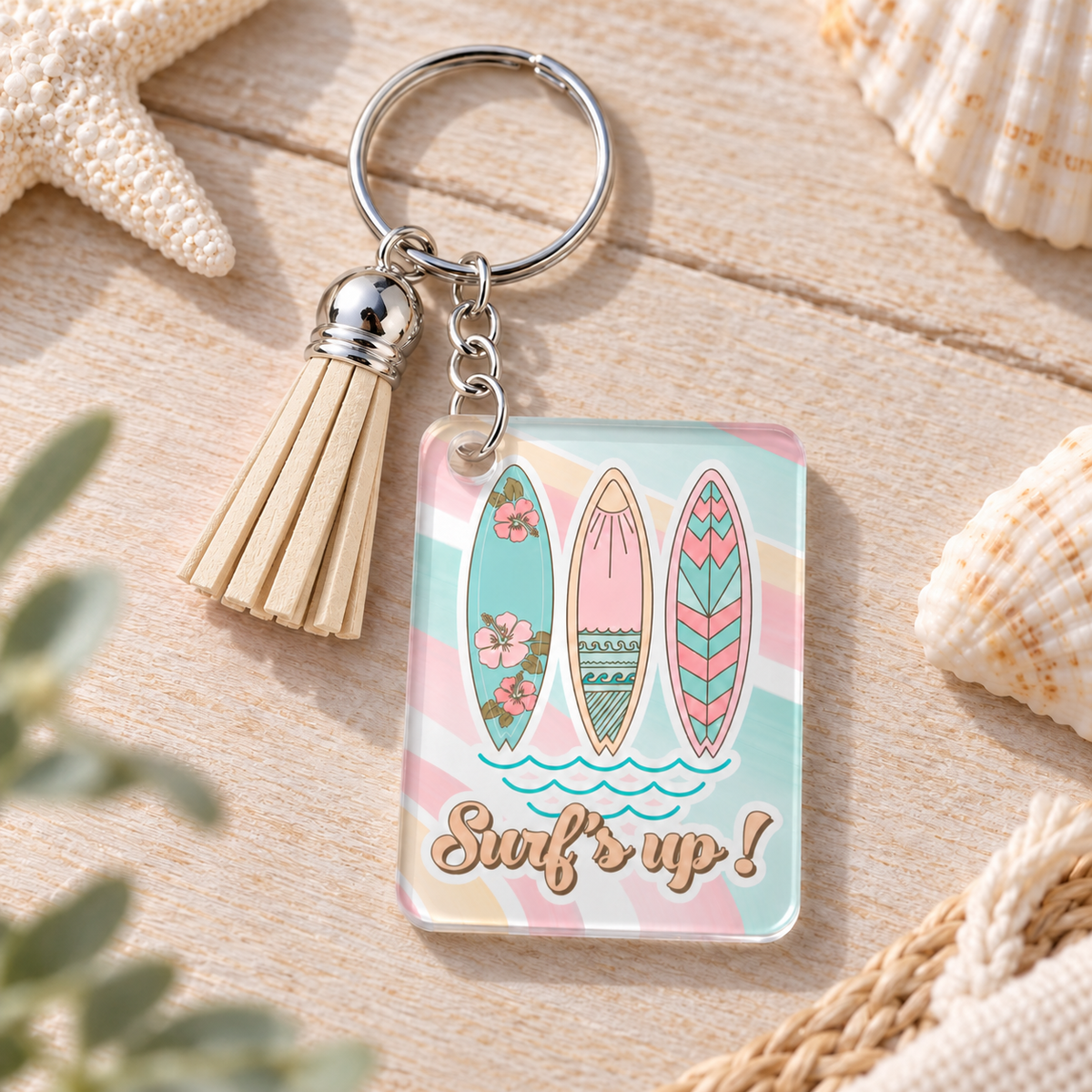 Surf's Up keychain with beige tassel