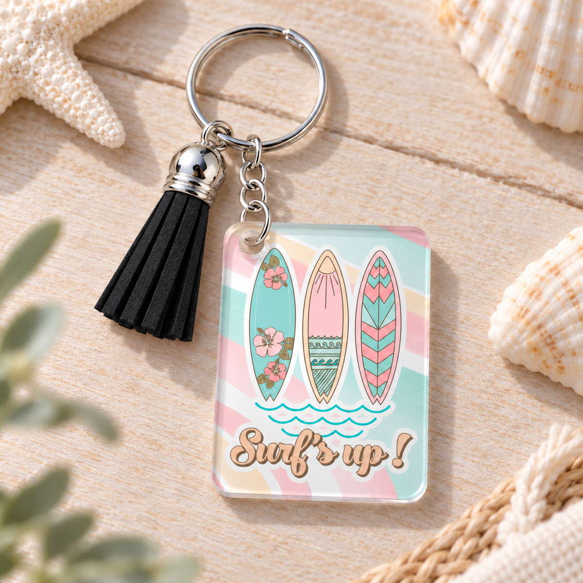 Surf's Up keychain with black tassel