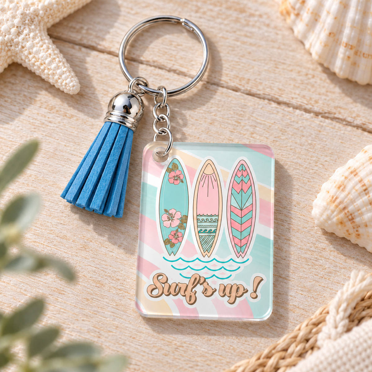 Surf's Up keychain with blue tassel