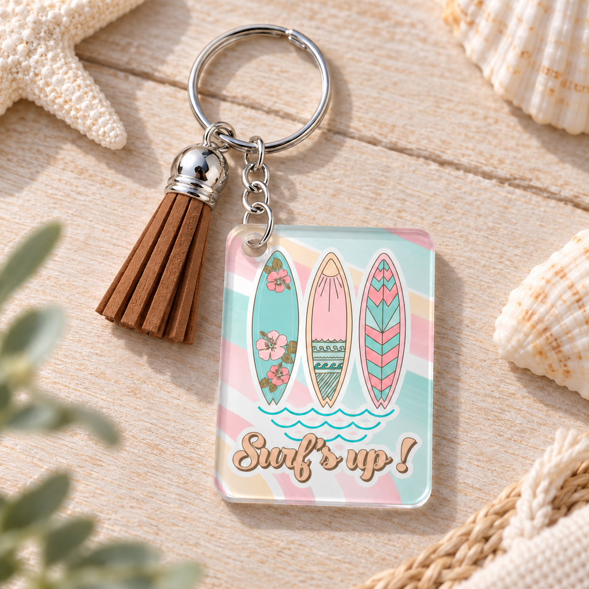 Surf's Up keychain with brown tassel