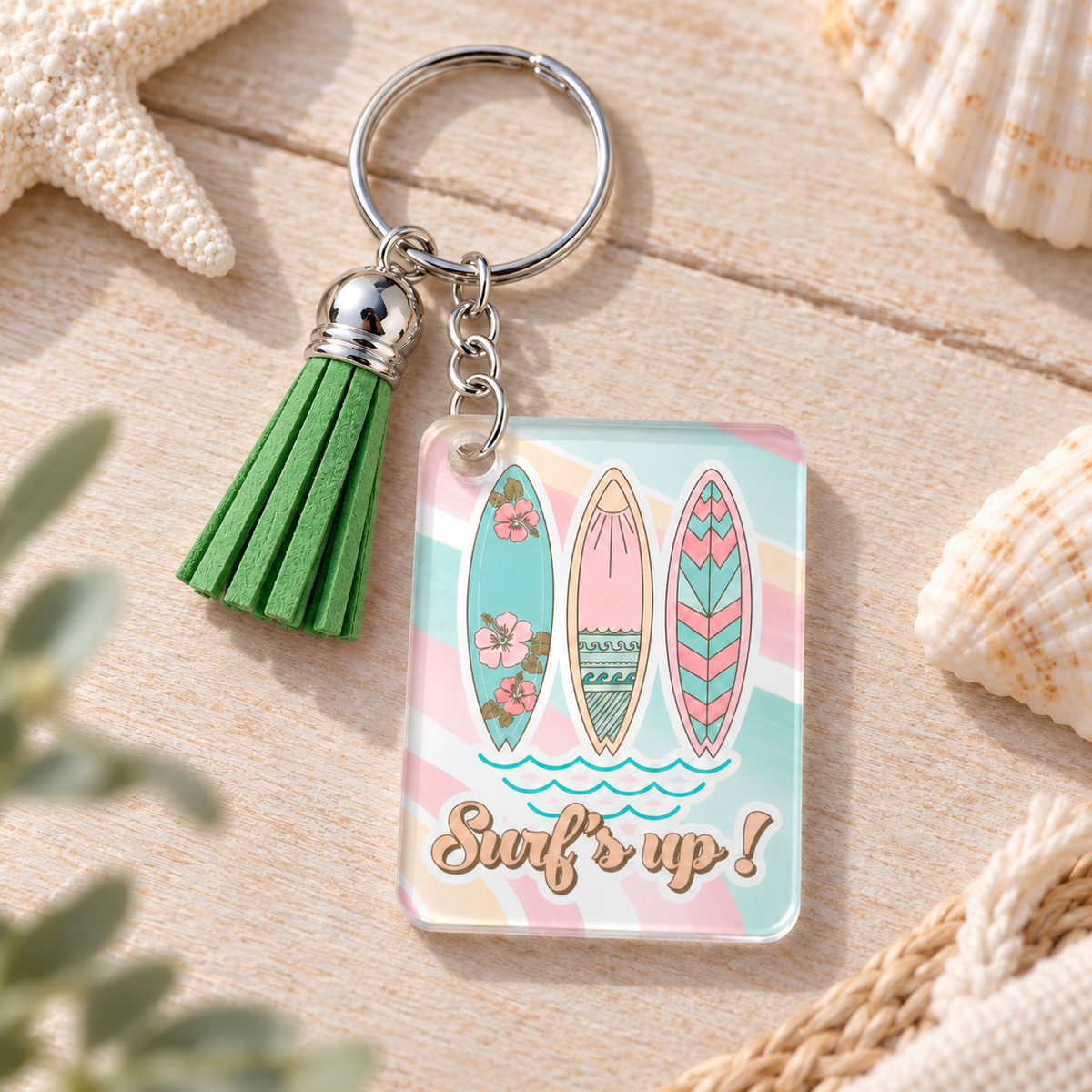 Surf's Up keychain with green tassel