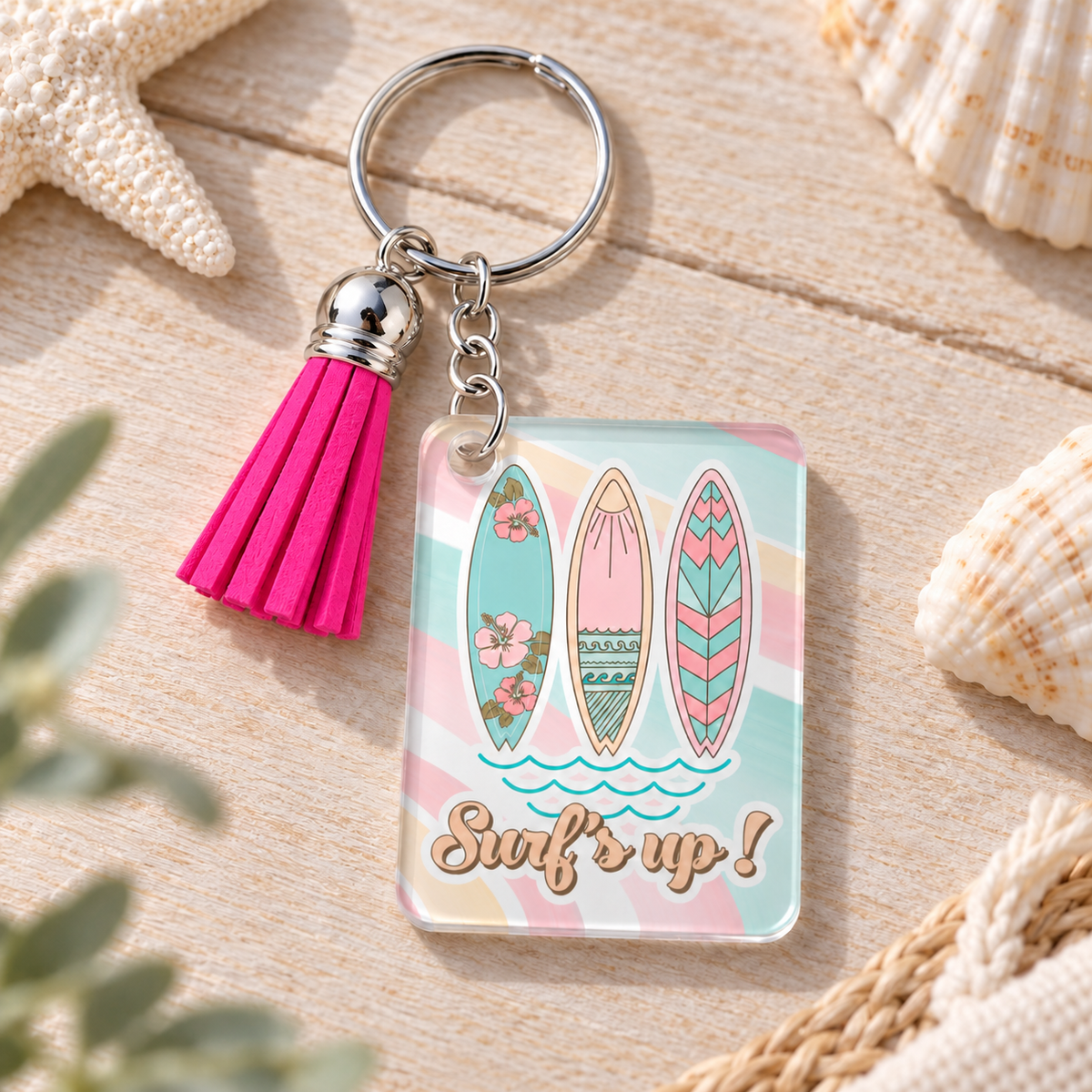 Surf's Up keychain with hot pink tassel