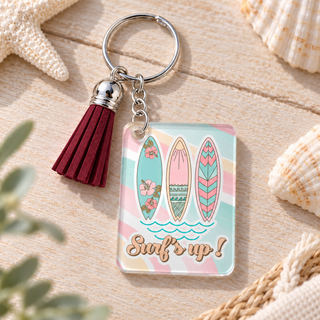 Surf's Up keychain with maroon tassel