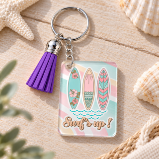 Surf's Up keychain with purple tassel