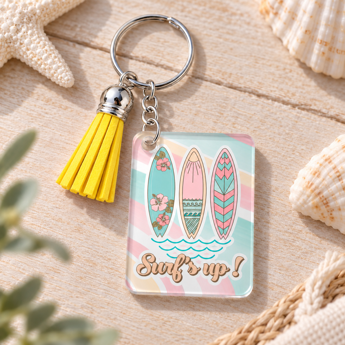 Surf's Up keychain with yellow tassel