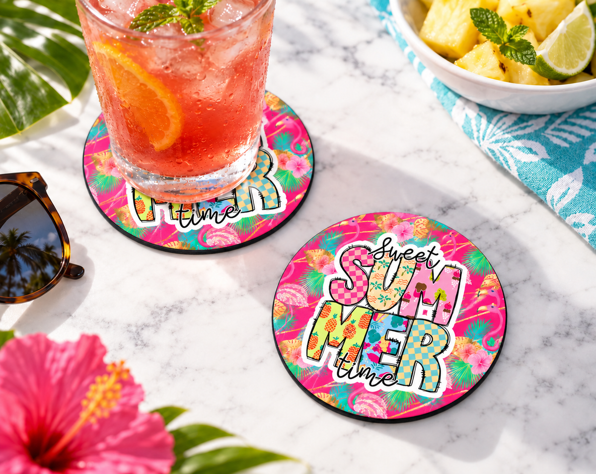 Sweet Summer Time Coaster – Colorful Tropical Flamingo Decor — Round set of 2