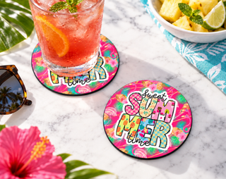 Sweet Summer Time Coaster – Colorful Tropical Flamingo Decor — Round set of 2