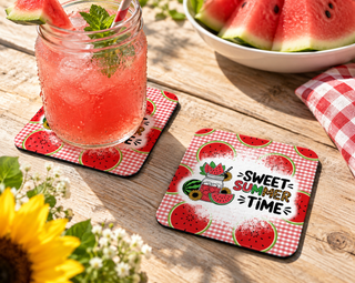 Sweet Summer Time Watermelon Coaster – Picnic Gingham Decor soft coaster lifestyle mockup