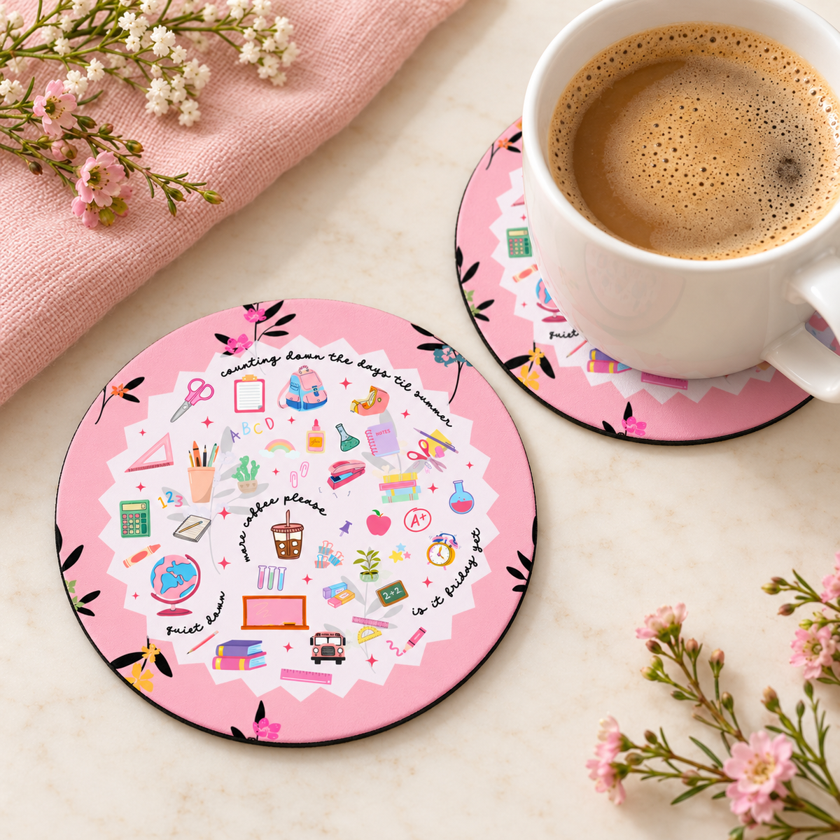 Teacher Life School Supplies Collage round coaster set of two with thin black rubber backing