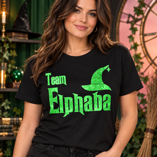 Team Elphaba design on black T-shirt model