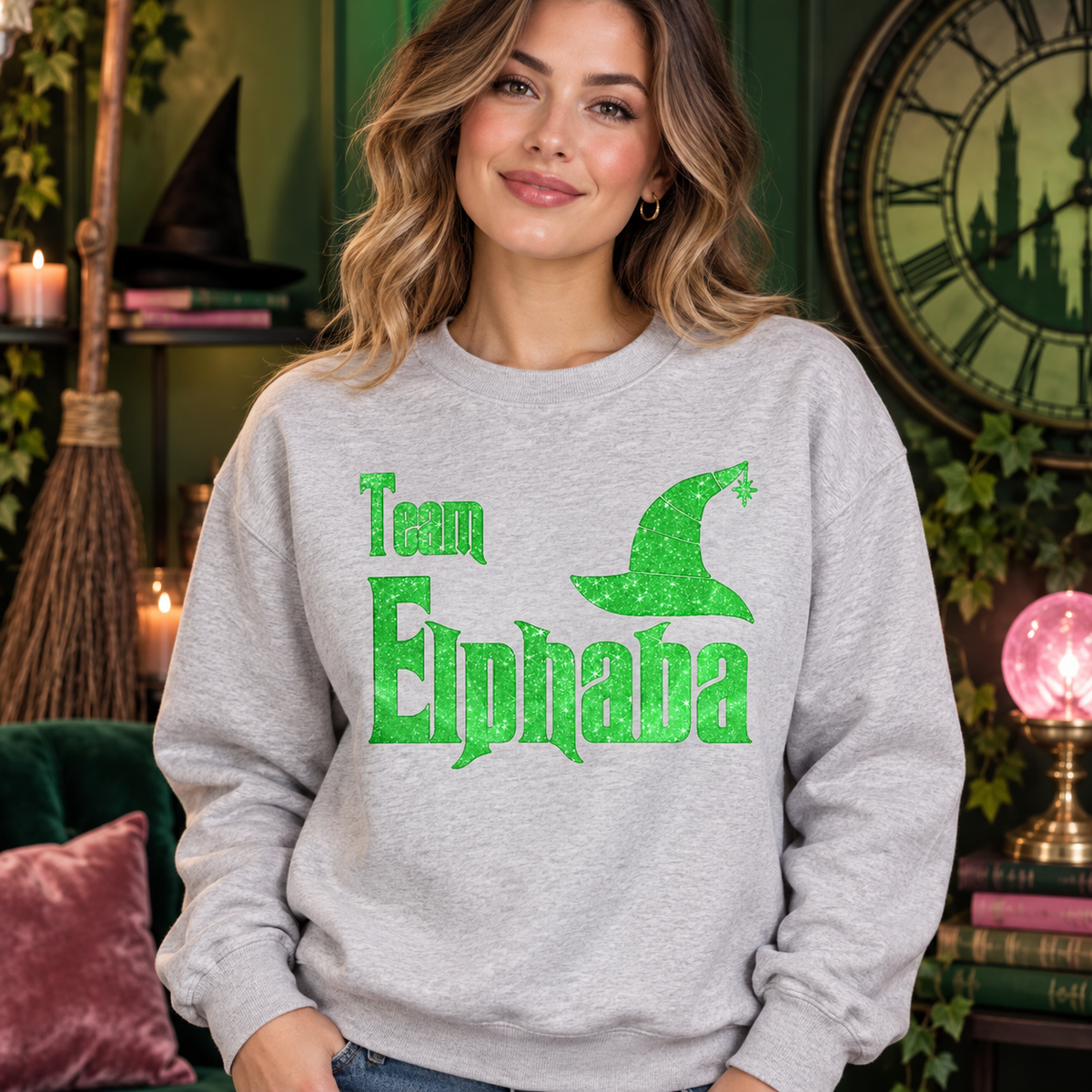 Team Elphaba design on light grey crewneck model