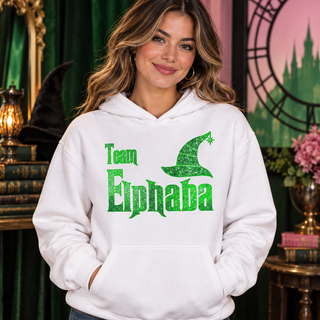 Team Elphaba design on white hoodie model