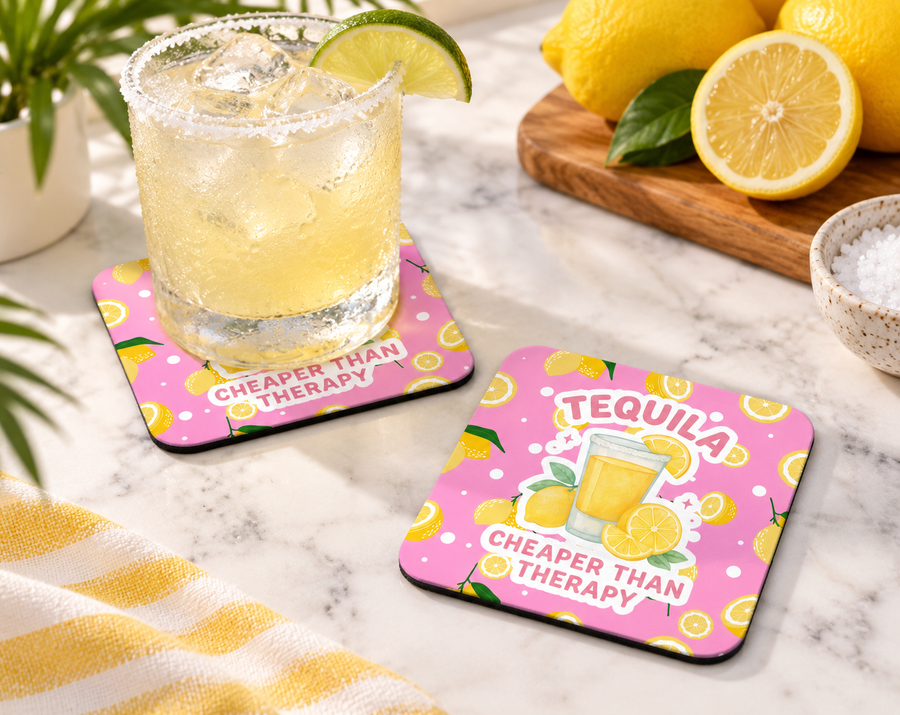 Tequila Cheaper Than Therapy Lemon Coaster – Funny Bar Decor