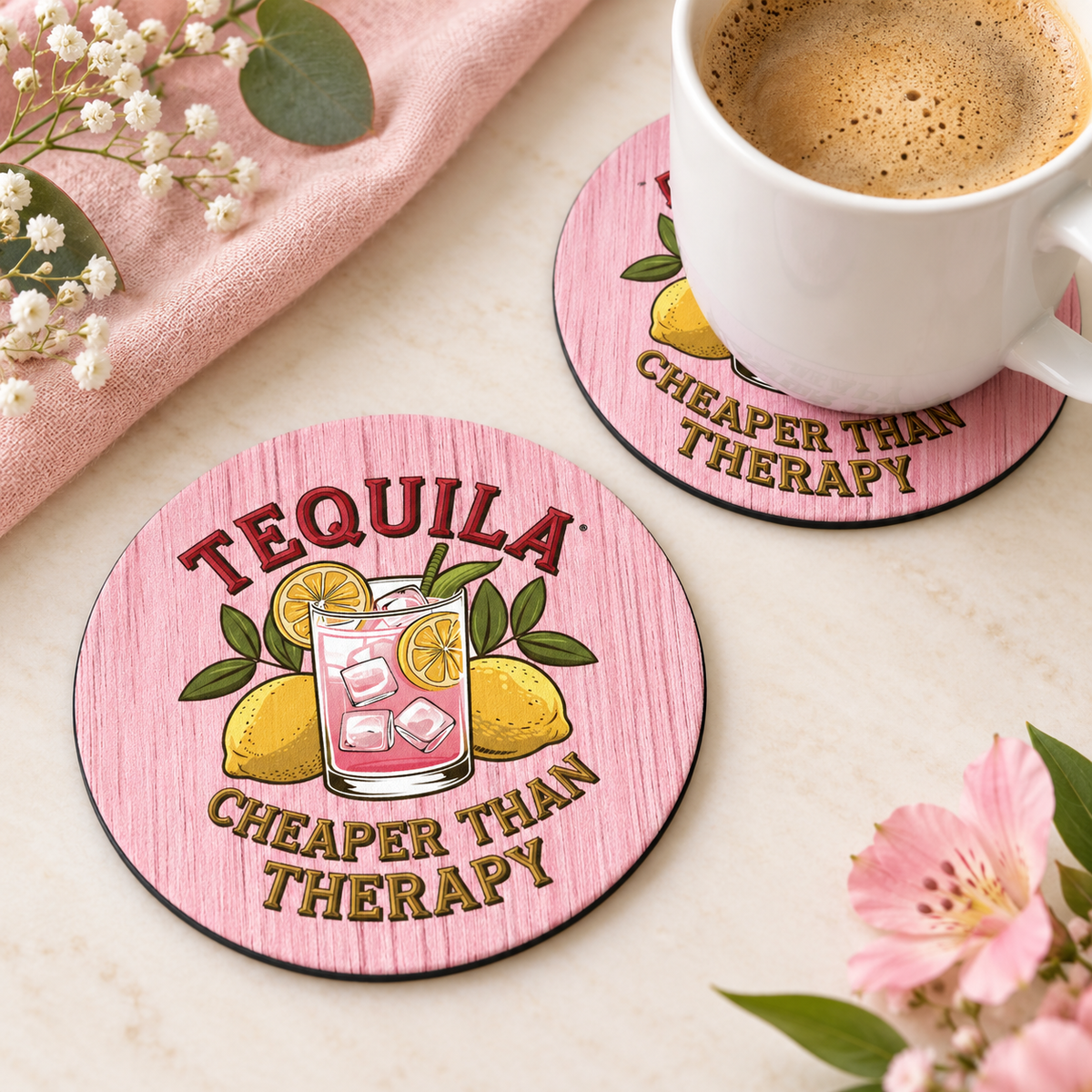 Tequila Cheaper Than Therapy – Pink Woodgrain round coaster set of two with thin black rubber backing