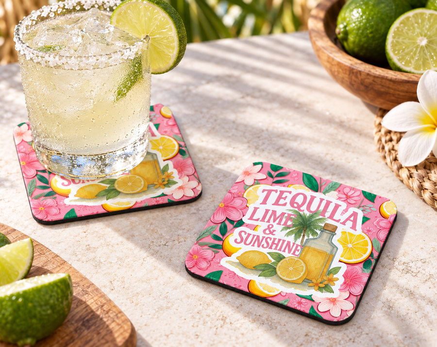 Tequila Lime & Sunshine Floral Coaster Set – Tropical Bar Decor