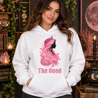 The Good pink princess design on white hoodie model